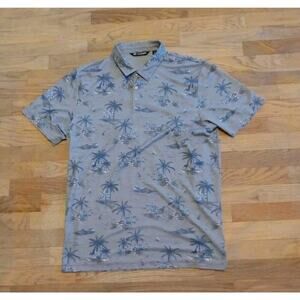 Travis Mathew Polo Shirt Mens Large XL Gray Palm Trees Volcano AOP Golf